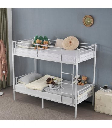 【Same Code：99091194】Twin Over Twin Bunk Bed for Kids Teens Adults, Heavy Duty Metal Bunk Bed with Ladder & Full-Length Guard Rail & Storage Space, White