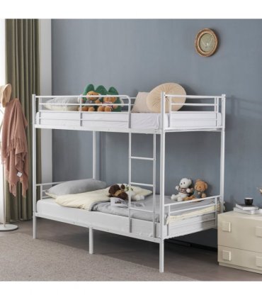 【Same Code：99091194】Twin Over Twin Bunk Bed for Kids Teens Adults, Heavy Duty Metal Bunk Bed with Ladder & Full-Length Guard Rail & Storage Space, White