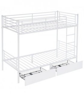 Twin Over Twin Bunk Bed with Two Storage Drawers & Full-Length Guard Rail, Heavy Duty Metal Bunk Bed for Kids Teens Adults, White