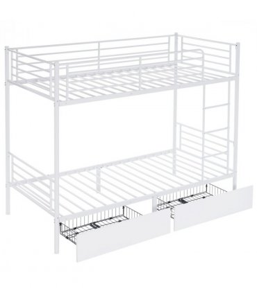 Twin Over Twin Bunk Bed with Two Storage Drawers & Full-Length Guard Rail, Heavy Duty Metal Bunk Bed for Kids Teens Adults, White
