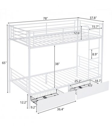 Twin Over Twin Bunk Bed with Two Storage Drawers & Full-Length Guard Rail, Heavy Duty Metal Bunk Bed for Kids Teens Adults, White