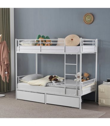 Twin Over Twin Bunk Bed with Two Storage Drawers & Full-Length Guard Rail, Heavy Duty Metal Bunk Bed for Kids Teens Adults, White
