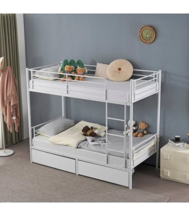 Twin Over Twin Bunk Bed with Two Storage Drawers & Full-Length Guard Rail, Heavy Duty Metal Bunk Bed for Kids Teens Adults, White