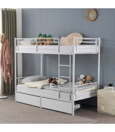 Twin Over Twin Bunk Bed with Two Storage Drawers & Full-Length Guard Rail, Heavy Duty Metal Bunk Bed for Kids Teens Adults, White