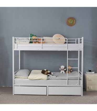 Twin Over Twin Bunk Bed with Two Storage Drawers & Full-Length Guard Rail, Heavy Duty Metal Bunk Bed for Kids Teens Adults, White