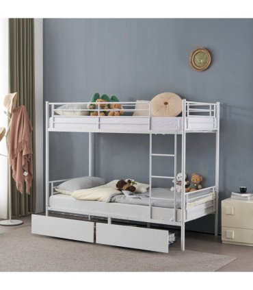 Twin Over Twin Bunk Bed with Two Storage Drawers & Full-Length Guard Rail, Heavy Duty Metal Bunk Bed for Kids Teens Adults, White