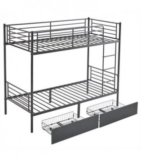 Twin Over Twin Bunk Bed with Two Storage Drawers & Full-Length Guard Rail, Heavy Duty Metal Bunk Bed for Kids Teens Adults, Black