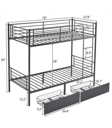 Twin Over Twin Bunk Bed with Two Storage Drawers & Full-Length Guard Rail, Heavy Duty Metal Bunk Bed for Kids Teens Adults, Black
