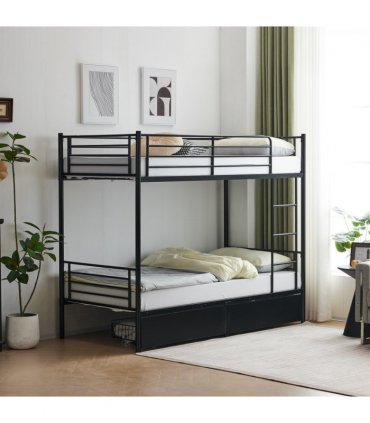 Twin Over Twin Bunk Bed with Two Storage Drawers & Full-Length Guard Rail, Heavy Duty Metal Bunk Bed for Kids Teens Adults, Black