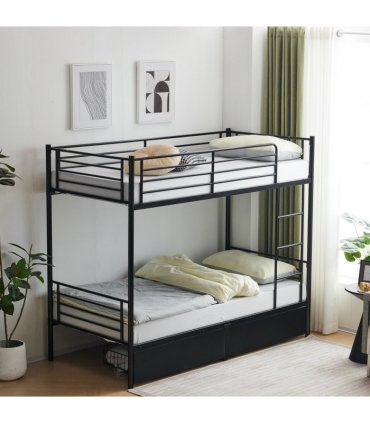Twin Over Twin Bunk Bed with Two Storage Drawers & Full-Length Guard Rail, Heavy Duty Metal Bunk Bed for Kids Teens Adults, Black