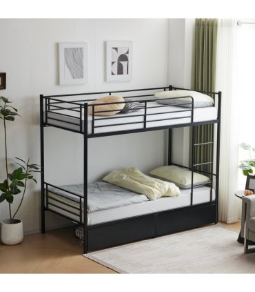 Twin Over Twin Bunk Bed with Two Storage Drawers & Full-Length Guard Rail, Heavy Duty Metal Bunk Bed for Kids Teens Adults, Black