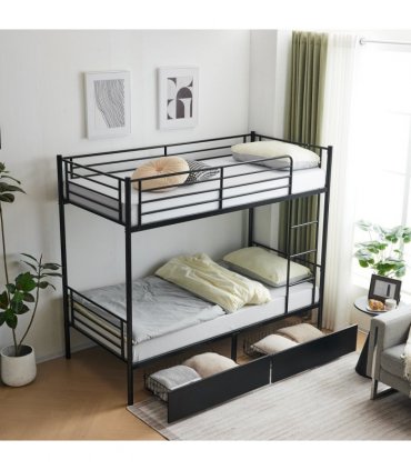 Twin Over Twin Bunk Bed with Two Storage Drawers & Full-Length Guard Rail, Heavy Duty Metal Bunk Bed for Kids Teens Adults, Black