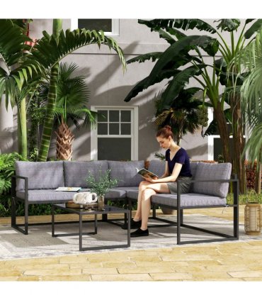 Outsunny 3 Piece L Shaped Garden Furniture Set with Cushions, Grey
