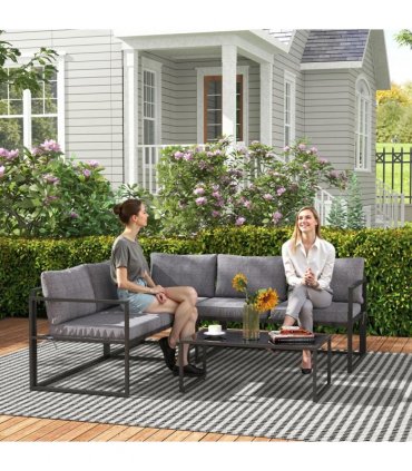 Outsunny 3 Piece L Shaped Garden Furniture Set with Cushions, Grey