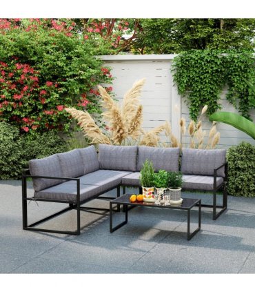 Outsunny 3 Piece L Shaped Garden Furniture Set with Cushions, Grey
