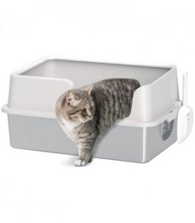 PawHut Stainless Steel Litter Box, High Sided Metal Cat Litter Tray w/ Scoop