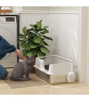 PawHut Stainless Steel Litter Box, High Sided Metal Cat Litter Tray w/ Scoop