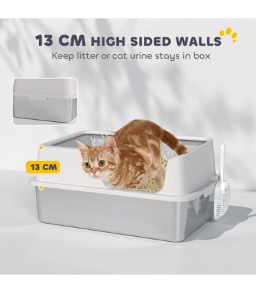 PawHut Stainless Steel Litter Box, High Sided Metal Cat Litter Tray w/ Scoop
