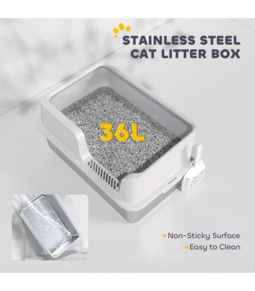 PawHut Stainless Steel Litter Box, High Sided Metal Cat Litter Tray w/ Scoop