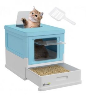 PawHut Hooded Cat Litter Box, Pet Toilet w/ Scoop, Tray - Light Blue
