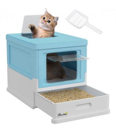 PawHut Hooded Cat Litter Box, Pet Toilet w/ Scoop, Tray - Light Blue