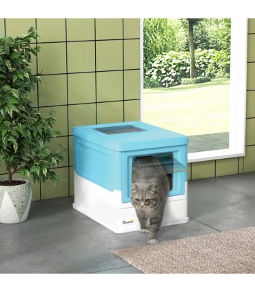 PawHut Hooded Cat Litter Box, Pet Toilet w/ Scoop, Tray - Light Blue