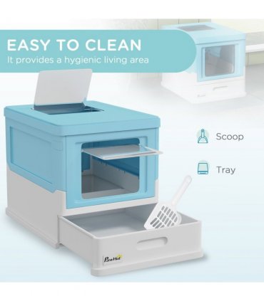 PawHut Hooded Cat Litter Box, Pet Toilet w/ Scoop, Tray - Light Blue