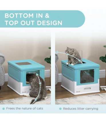 PawHut Hooded Cat Litter Box, Pet Toilet w/ Scoop, Tray - Light Blue