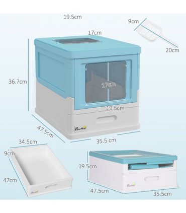 PawHut Hooded Cat Litter Box, Pet Toilet w/ Scoop, Tray - Light Blue