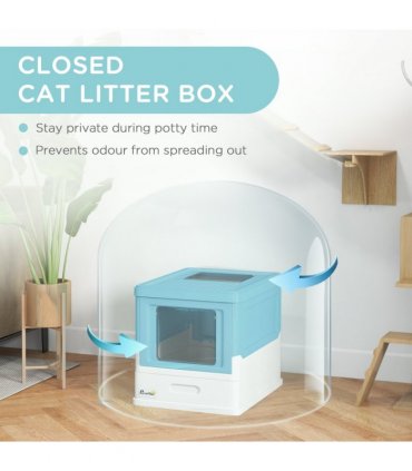 PawHut Hooded Cat Litter Box, Pet Toilet w/ Scoop, Tray - Light Blue