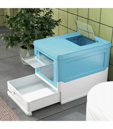 PawHut Hooded Cat Litter Box, Pet Toilet w/ Scoop, Tray - Light Blue