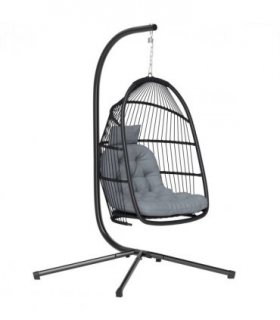 Outsunny Rattan Hanging Egg Chair with Stand, Cushion, Dark Grey