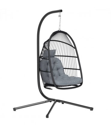 Outsunny Rattan Hanging Egg Chair with Stand, Cushion, Dark Grey
