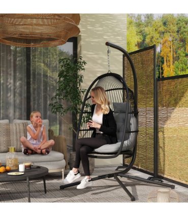 Outsunny Rattan Hanging Egg Chair with Stand, Cushion, Dark Grey