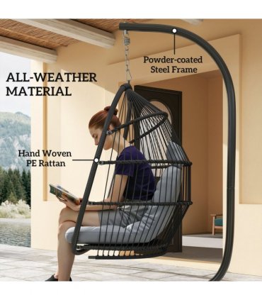 Outsunny Rattan Hanging Egg Chair with Stand, Cushion, Dark Grey