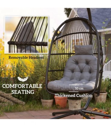 Outsunny Rattan Hanging Egg Chair with Stand, Cushion, Dark Grey