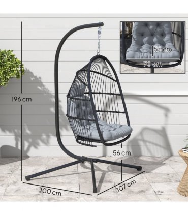 Outsunny Rattan Hanging Egg Chair with Stand, Cushion, Dark Grey