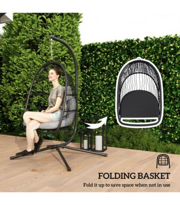 Outsunny Rattan Hanging Egg Chair with Stand, Cushion, Dark Grey