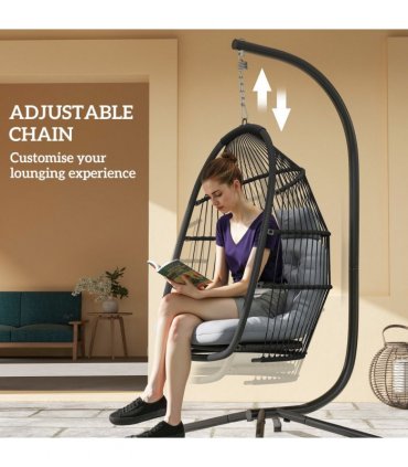 Outsunny Rattan Hanging Egg Chair with Stand, Cushion, Dark Grey