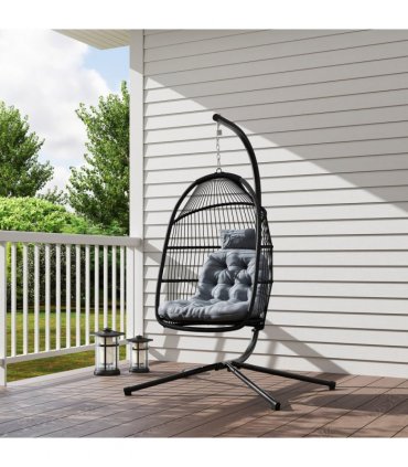 Outsunny Rattan Hanging Egg Chair with Stand, Cushion, Dark Grey