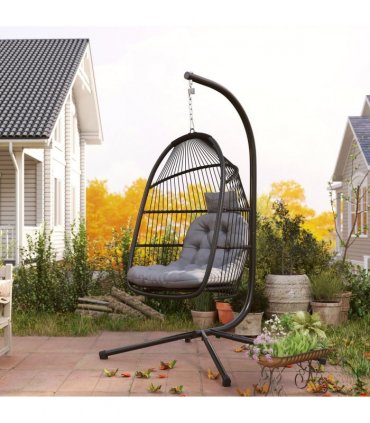 Outsunny Rattan Hanging Egg Chair with Stand, Cushion, Dark Grey