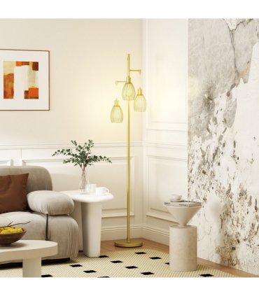 HOMCOM Industrial 3-Light Floor Lamp Dimmable Standing Lamp, Gold