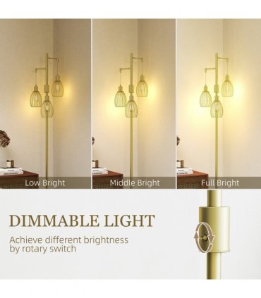 HOMCOM Industrial 3-Light Floor Lamp Dimmable Standing Lamp, Gold