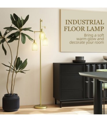 HOMCOM Industrial 3-Light Floor Lamp Dimmable Standing Lamp, Gold