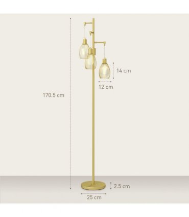 HOMCOM Industrial 3-Light Floor Lamp Dimmable Standing Lamp, Gold