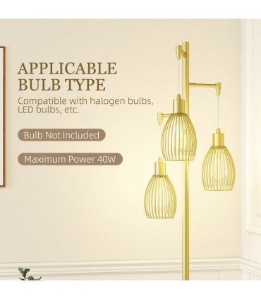 HOMCOM Industrial 3-Light Floor Lamp Dimmable Standing Lamp, Gold