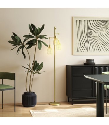 HOMCOM Industrial 3-Light Floor Lamp Dimmable Standing Lamp, Gold