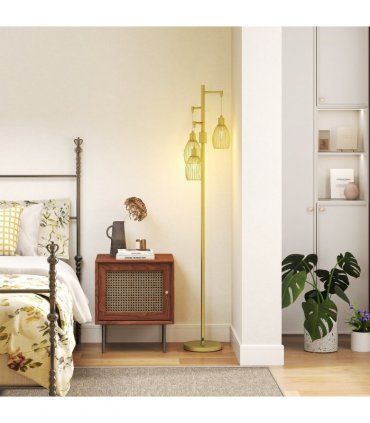 HOMCOM Industrial 3-Light Floor Lamp Dimmable Standing Lamp, Gold