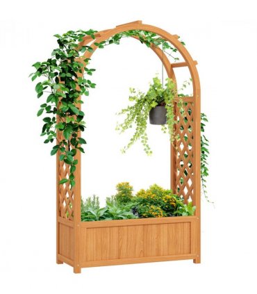 Outsunny Wooden Raised Garden Bed, Trellis Planter w/ Trellis, Fabric Liner
