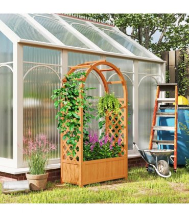 Outsunny Wooden Raised Garden Bed, Trellis Planter w/ Trellis, Fabric Liner